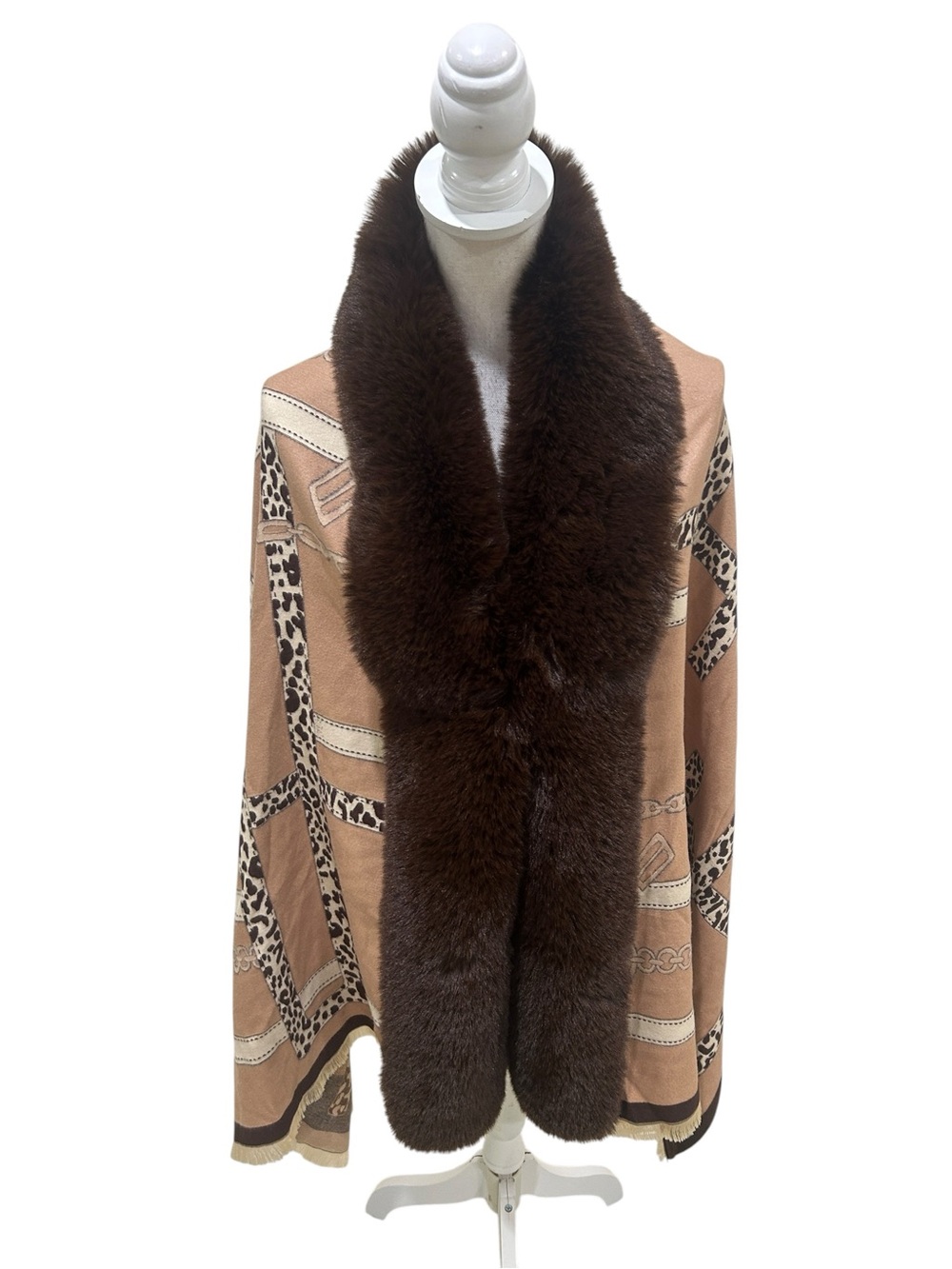 Nwt La Florentina beige brown equestrian animal print cape faux fur trim 1 size